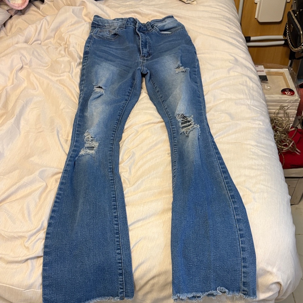 Flared Classic Blue Distressed Women Jeans